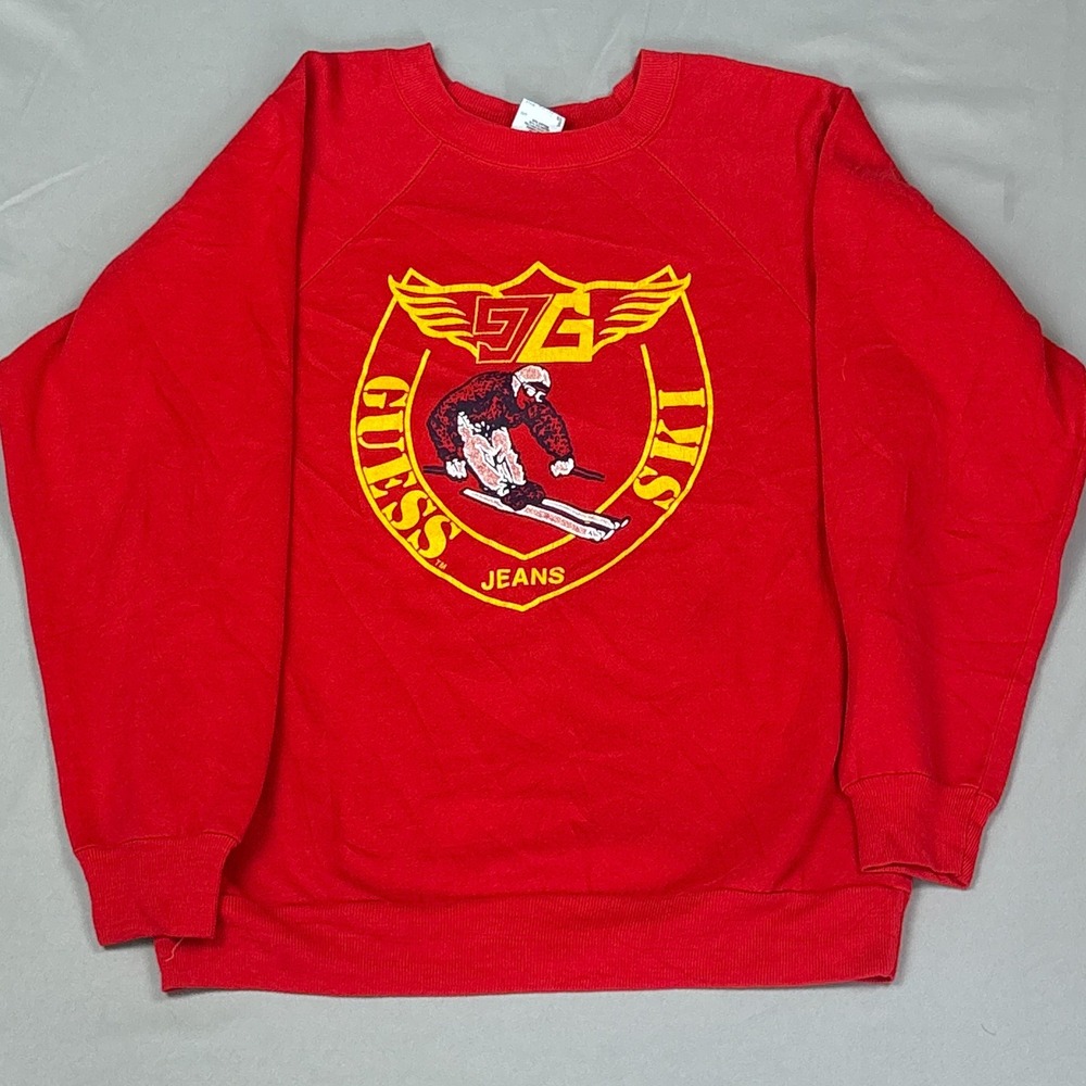 Vintage 80s Guess Marciano Ski Graphic Crewneck Sweatshirt Large Red